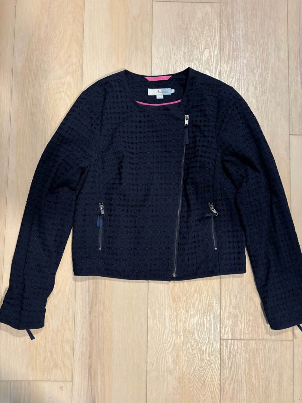 Boden Navy Eyelet Moto Jacket | Textured Cotton Zip Cropped